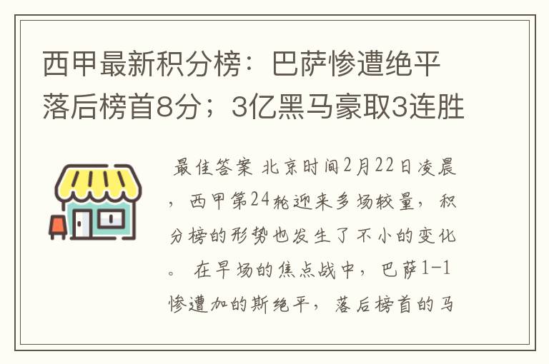 西甲最新积分榜:巴萨惨遭绝平落后榜首8分;3亿黑马豪取3连胜