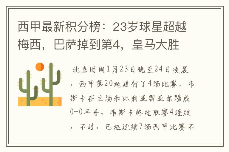 西甲最新积分榜:23岁球星超越梅西,巴萨掉到第4,皇马大胜