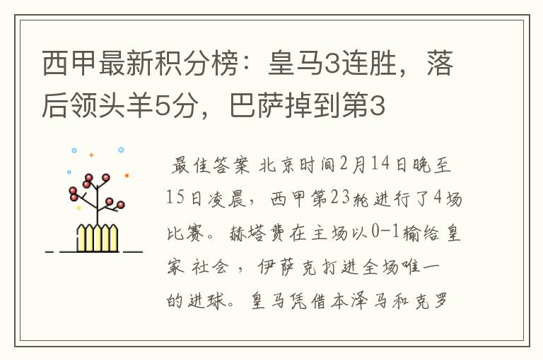 西甲最新积分榜:皇马3连胜,落后领头羊5分,巴萨掉到第3