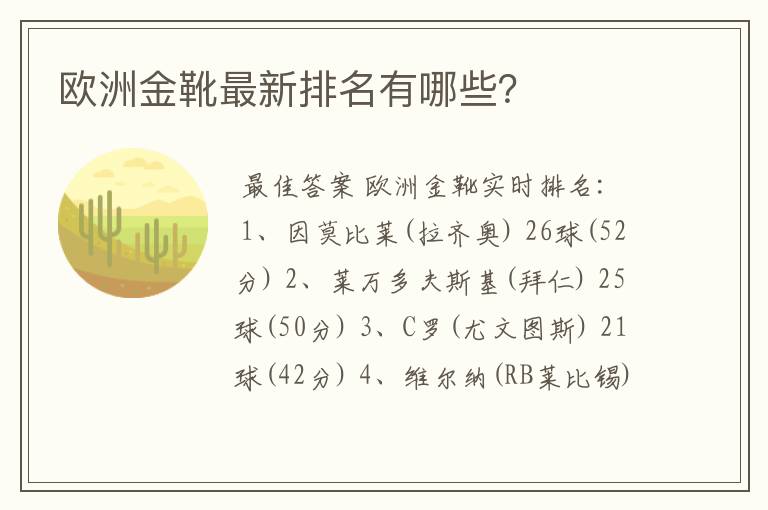 欧洲金靴最新排名有哪些?