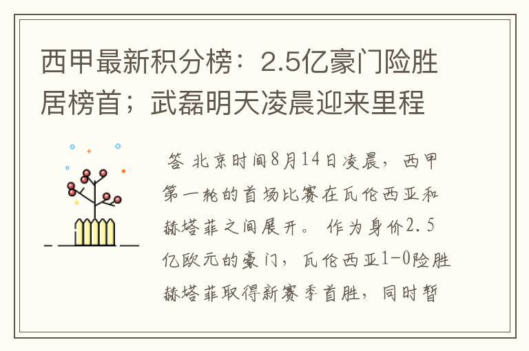 西甲最新积分榜:2.5亿豪门险胜居榜首;武磊明天凌晨迎来里程碑