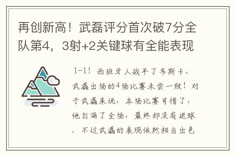 再创新高!武磊评分首次破7分全队第4,3射+2关键球有全能表现