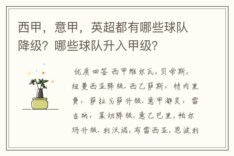 西甲,意甲,英超都有哪些球队降级?哪些球队升入甲级?