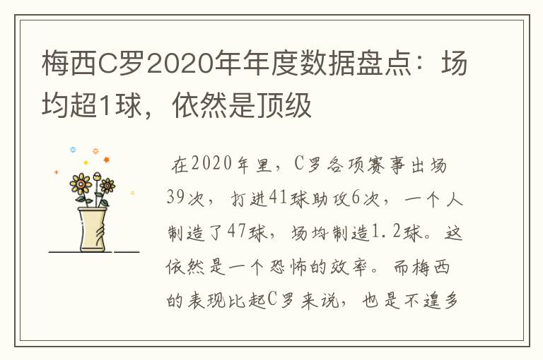 梅西C罗2020年年度数据盘点:场均超1球,依然是顶级