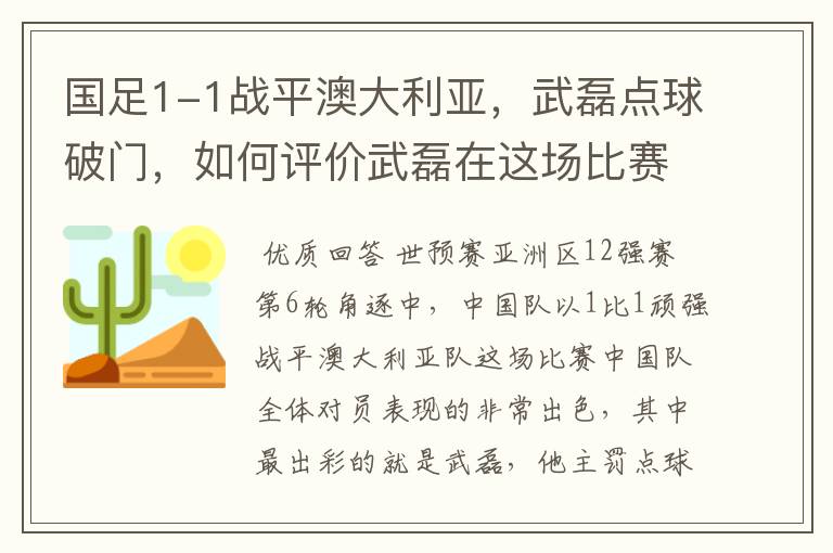 国足1-1战平澳大利亚,武磊点球破门,如何评价武磊在这场比赛中的表现?