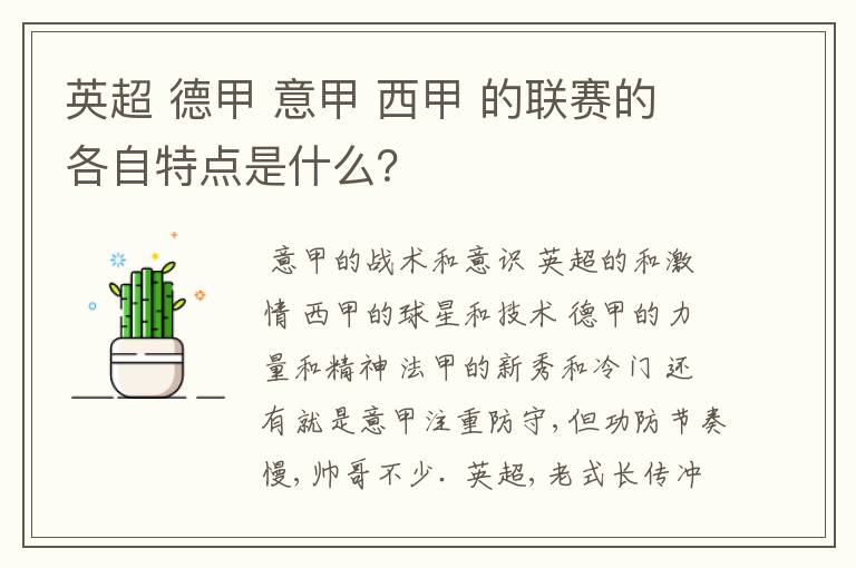 英超 德甲 意甲 西甲 的联赛的各自特点是什么？