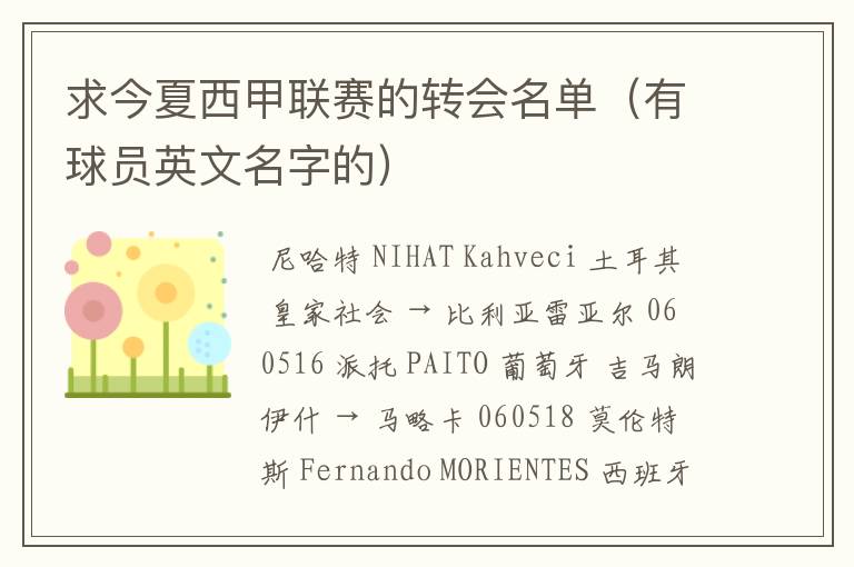 求今夏西甲联赛的转会名单(有球员英文名字的)