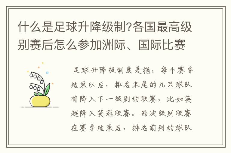什么是足球升降级制?各国最高级别赛后怎么参加洲际、国际比赛 ?