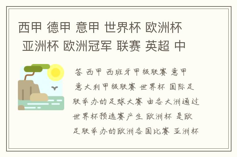 西甲 德甲 意甲 世界杯 欧洲杯 亚洲杯 欧洲冠军 联赛 英超 中超 分别是什么意思啊?