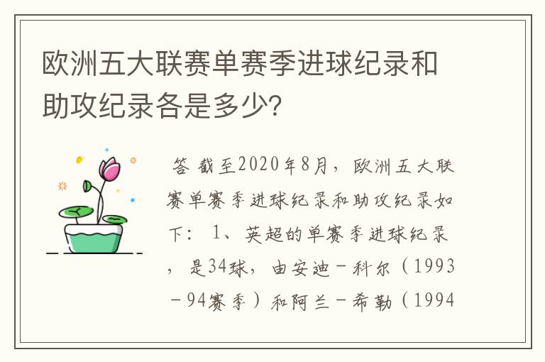 欧洲五大联赛单赛季进球纪录和助攻纪录各是多少?