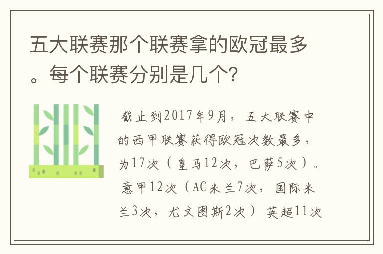 五大联赛那个联赛拿的欧冠最多。每个联赛分别是几个?