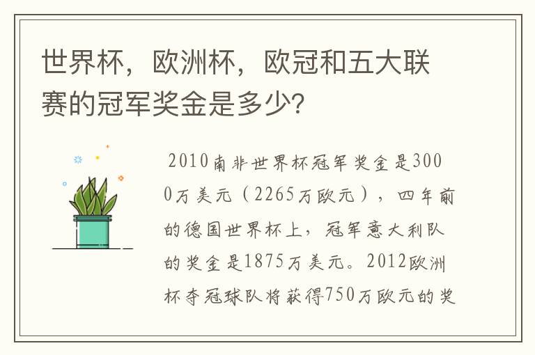 世界杯,欧洲杯,欧冠和五大联赛的冠军奖金是多少?