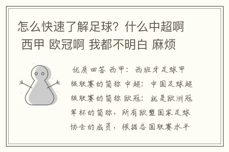 怎么快速了解足球?什么中超啊 西甲 欧冠啊 我都不明白 麻烦 有哪位特别了解足球的 跟我讲讲,多谢