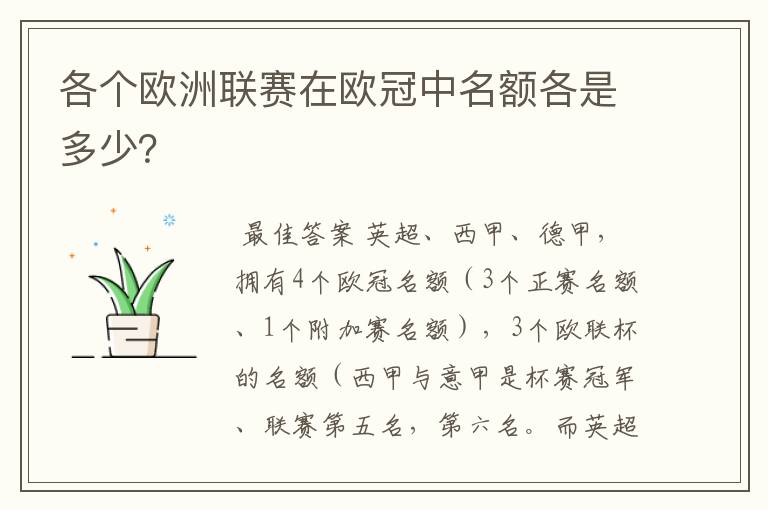 各个欧洲联赛在欧冠中名额各是多少?