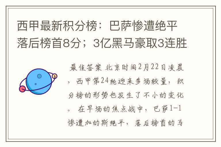 西甲最新积分榜:巴萨惨遭绝平落后榜首8分;3亿黑马豪取3连胜
