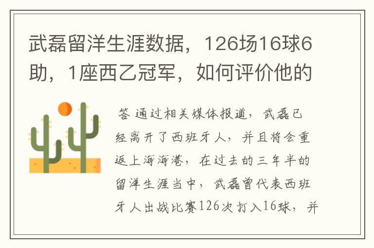 武磊留洋生涯数据,126场16球6助,1座西乙冠军,如何评价他的表现?
