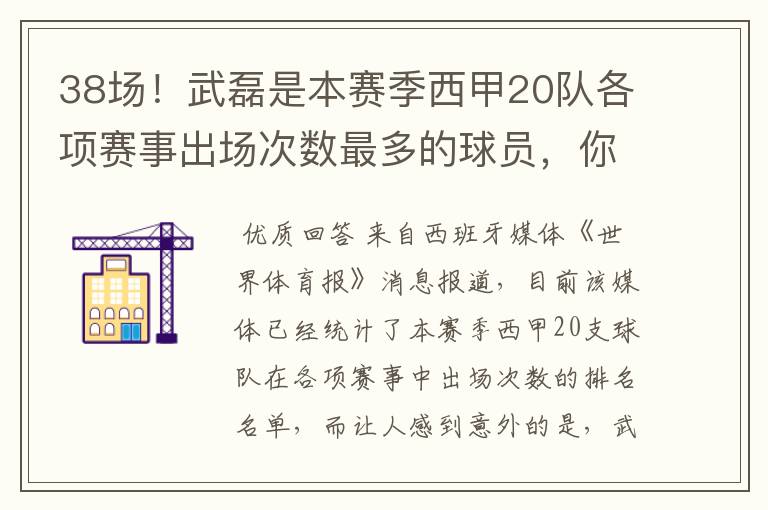 38场!武磊是本赛季西甲20队各项赛事出场次数最多的球员,你怎么看?