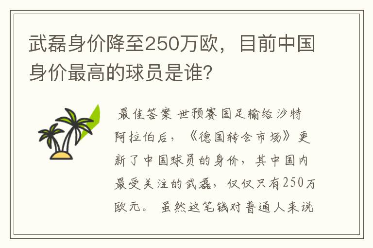 武磊身价降至250万欧,目前中国身价最高的球员是谁?