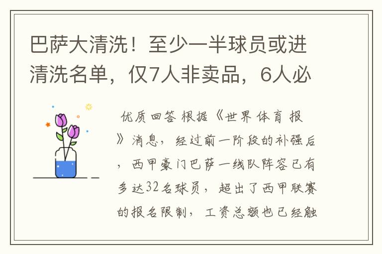 巴萨大清洗!至少一半球员或进清洗名单,仅7人非卖品,6人必须走