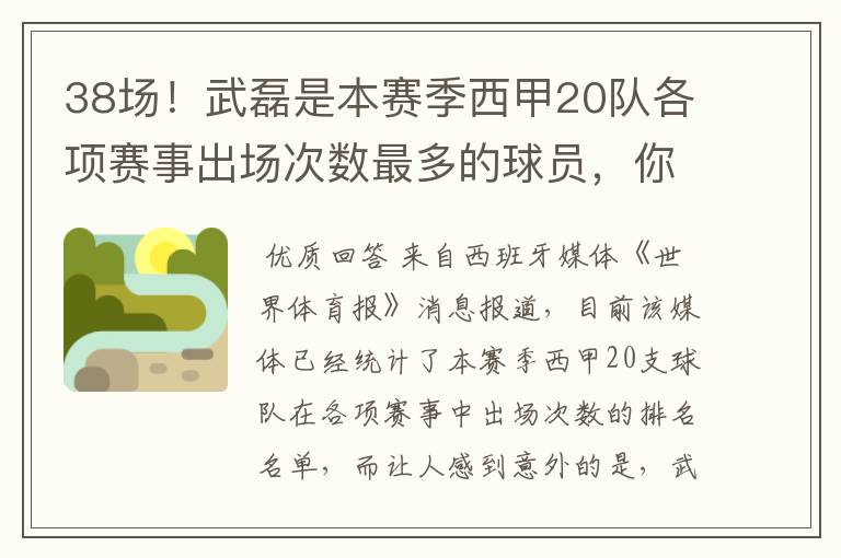 38场!武磊是本赛季西甲20队各项赛事出场次数最多的球员,你怎么看?