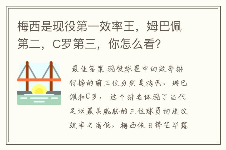 梅西是现役第一效率王,姆巴佩第二,C罗第三,你怎么看?