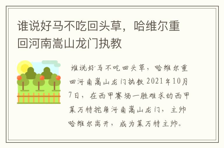 谁说好马不吃回头草,哈维尔重回河南嵩山龙门执教