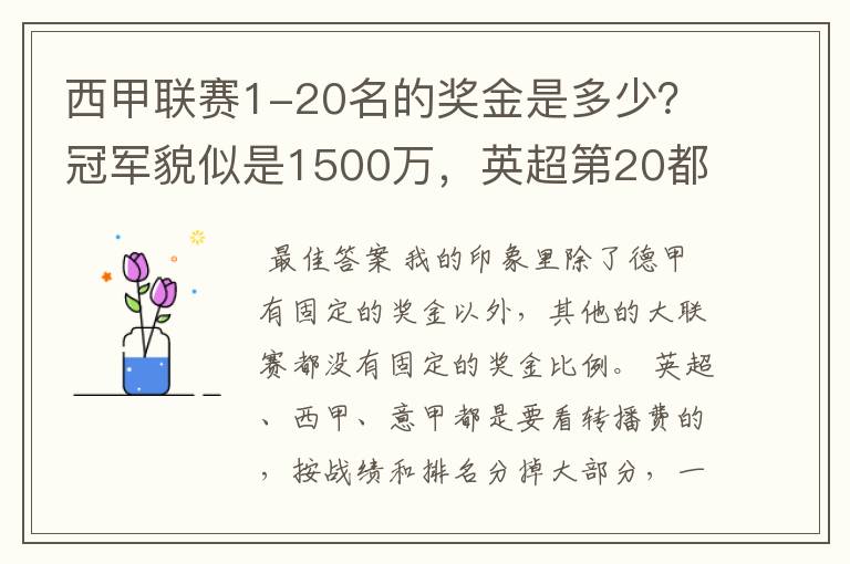 西甲联赛1-20名的奖金是多少?冠军貌似是1500万,英超第20都是4000万呀!