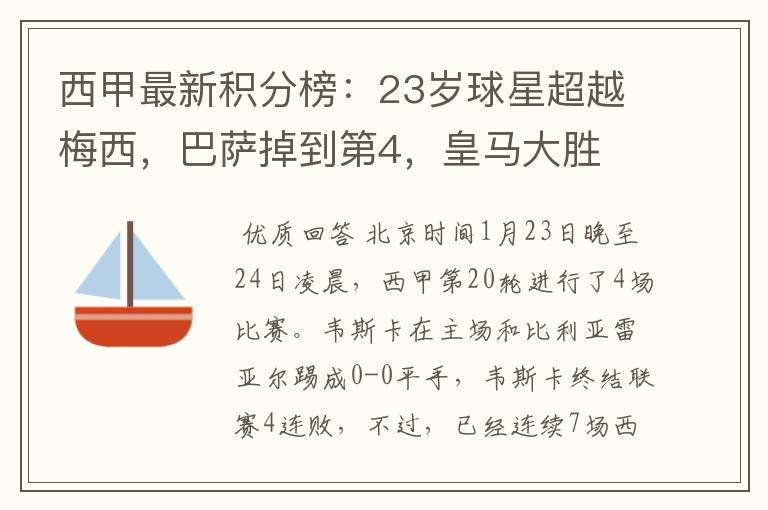 西甲最新积分榜:23岁球星超越梅西,巴萨掉到第4,皇马大胜