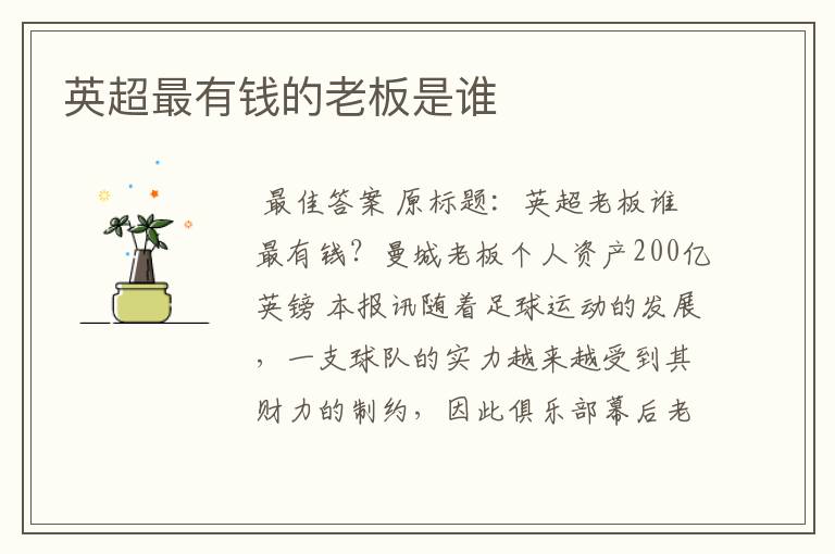 英超最有钱的老板是谁