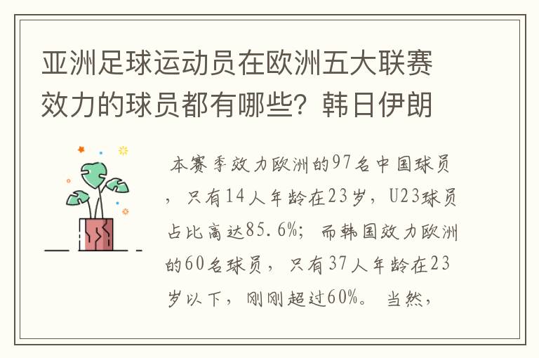 亚洲足球运动员在欧洲五大联赛效力的球员都有哪些?韩日伊朗 都是比较多吧!