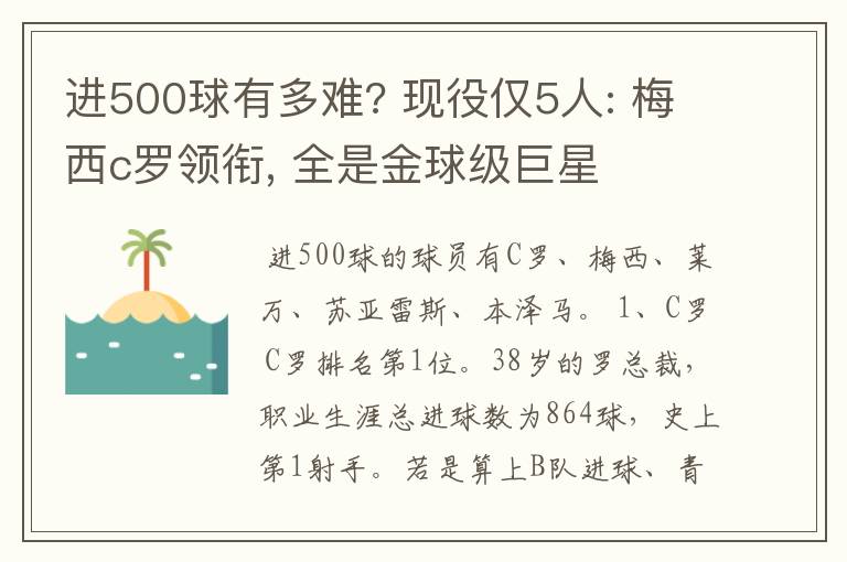 进500球有多难? 现役仅5人: 梅西c罗领衔, 全是金球级巨星