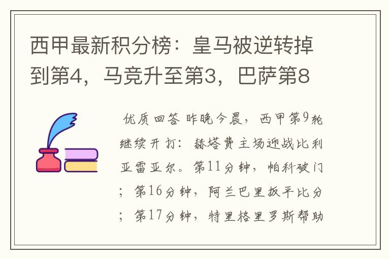 西甲最新积分榜:皇马被逆转掉到第4,马竞升至第3,巴萨第8