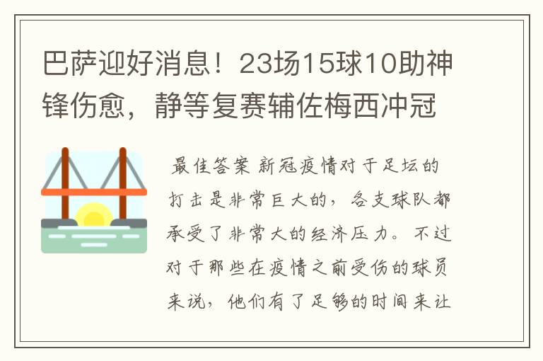 巴萨迎好消息!23场15球10助神锋伤愈,静等复赛辅佐梅西冲冠!
