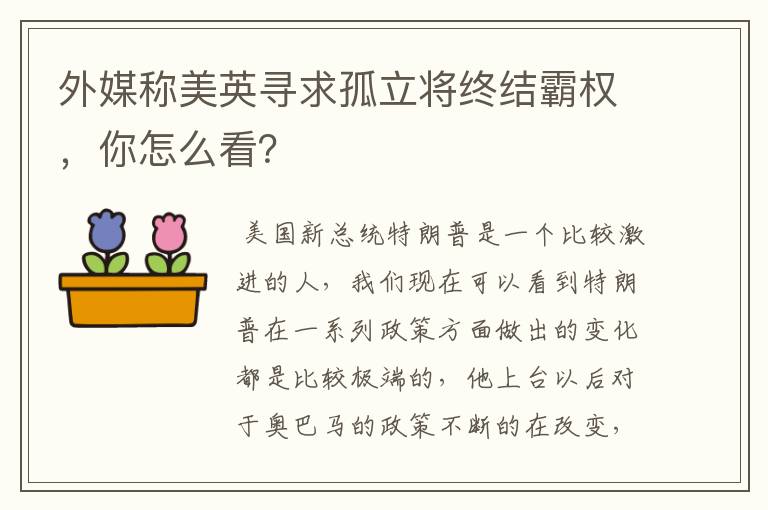 外媒称美英寻求孤立将终结霸权,你怎么看?