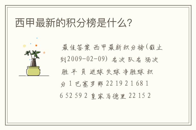 西甲最新的积分榜是什么?