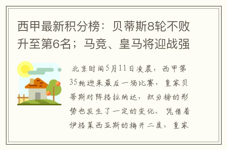 西甲最新积分榜:贝蒂斯8轮不败升至第6名;马竞、皇马将迎战强敌