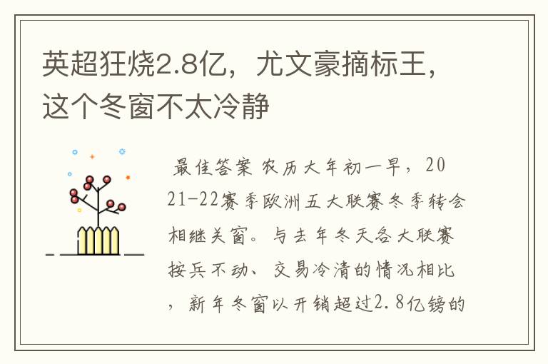 英超狂烧2.8亿,尤文豪摘标王,这个冬窗不太冷静