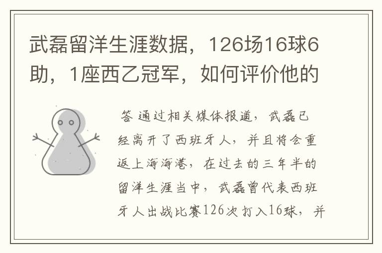 武磊留洋生涯数据,126场16球6助,1座西乙冠军,如何评价他的表现?