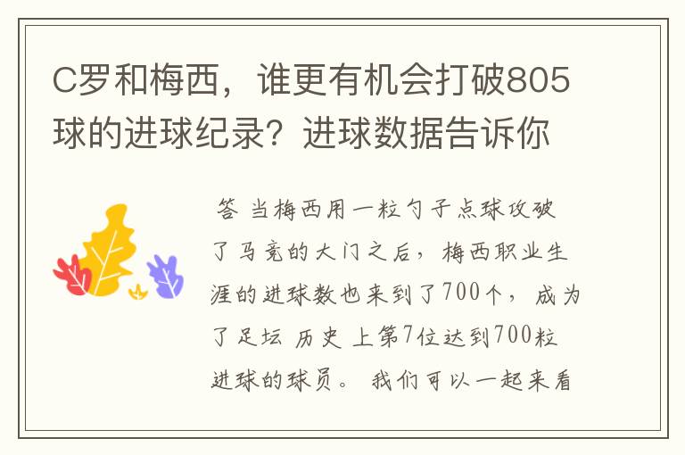 C罗和梅西,谁更有机会打破805球的进球纪录?进球数据告诉你答案
