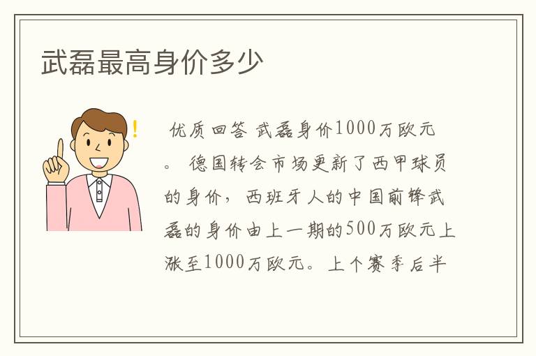 武磊最高身价多少