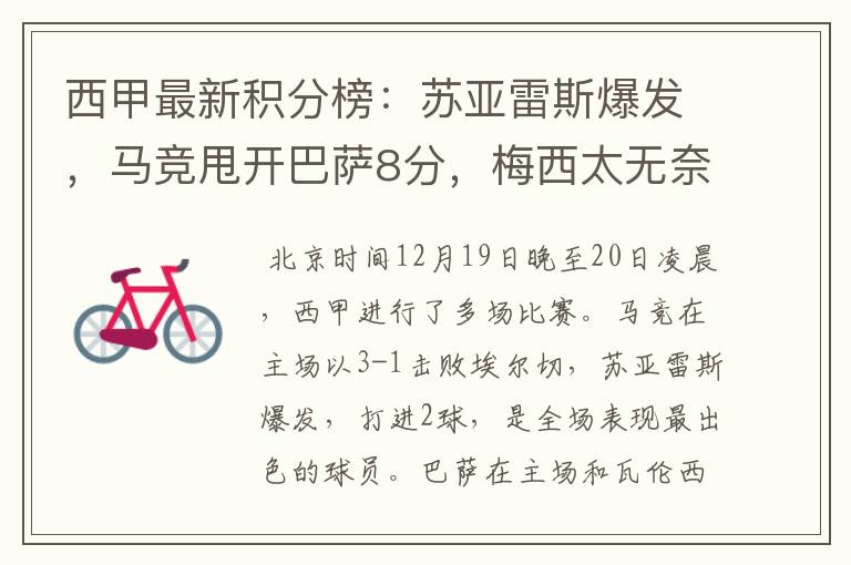 西甲最新积分榜:苏亚雷斯爆发,马竞甩开巴萨8分,梅西太无奈