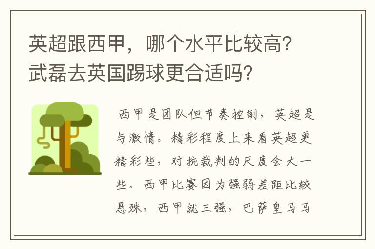 英超跟西甲,哪个水平比较高?武磊去英国踢球更合适吗?