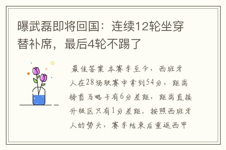 曝武磊即将回国:连续12轮坐穿替补席,最后4轮不踢了
