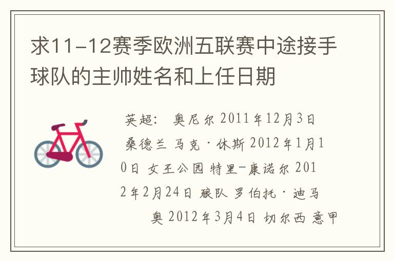 求11-12赛季欧洲五联赛中途接手球队的主帅姓名和上任日期