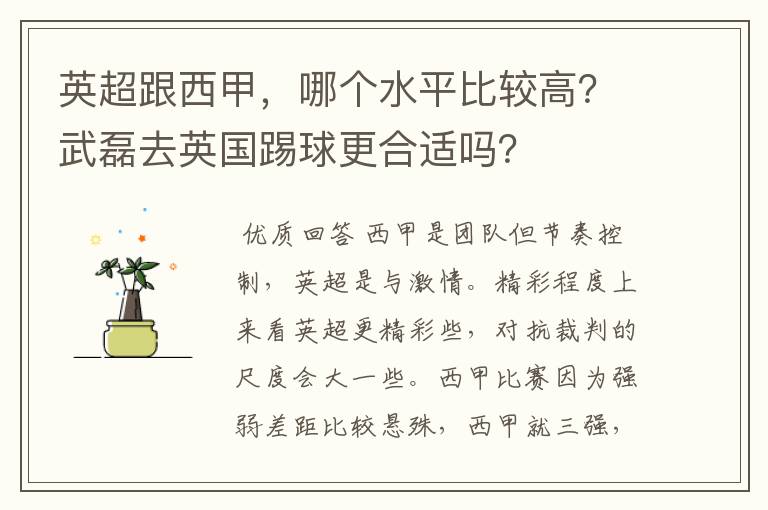 英超跟西甲,哪个水平比较高?武磊去英国踢球更合适吗?