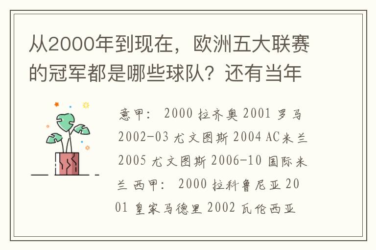 从2000年到现在,欧洲五大联赛的冠军都是哪些球队?还有当年的欧冠冠军。