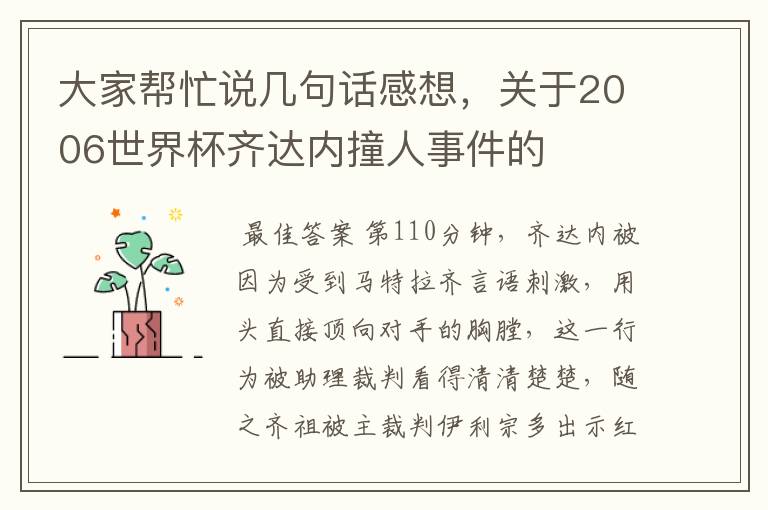 大家帮忙说几句话感想,关于2006世界杯齐达内撞人事件的