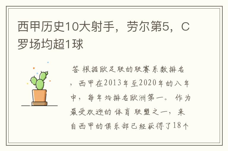西甲历史10大射手,劳尔第5,C罗场均超1球