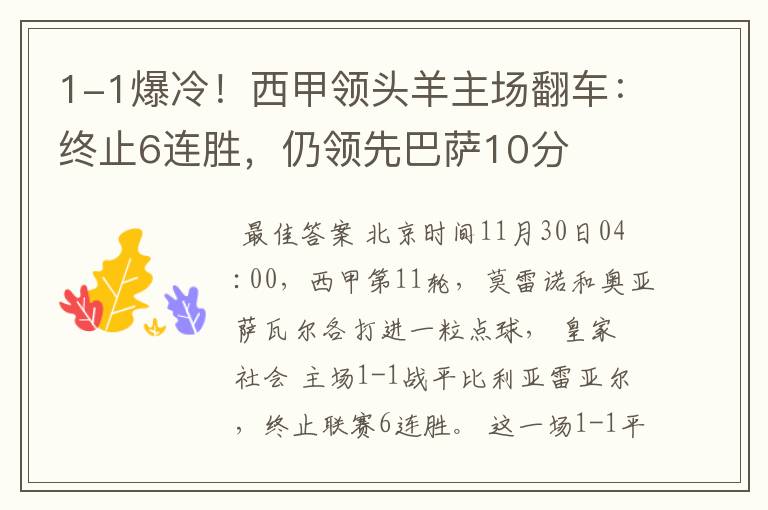 1-1爆冷!西甲领头羊主场翻车:终止6连胜,仍领先巴萨10分