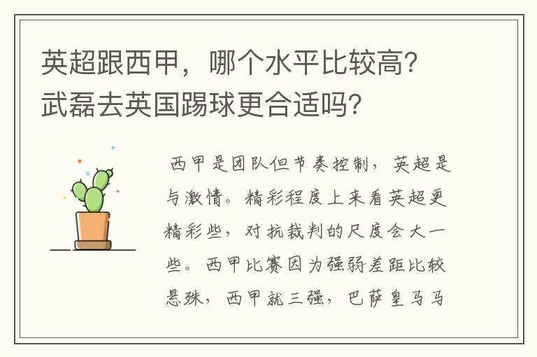 英超跟西甲,哪个水平比较高?武磊去英国踢球更合适吗?